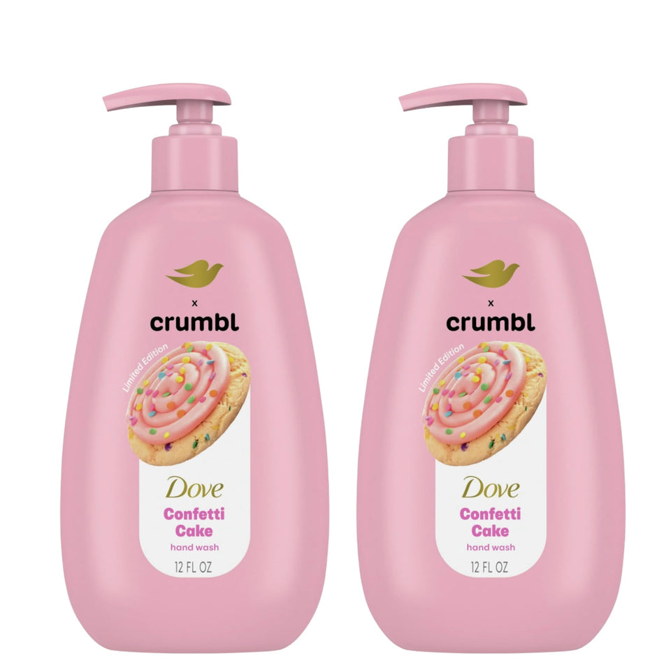 Dove Crumbl Confetti Cake hand wash 2-pack bottles provide gentle cleansing and moisture