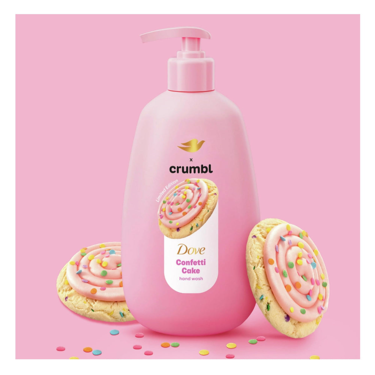 Dove Crumbl Confetti Cake label closeup shows Crumbl-inspired scent notes