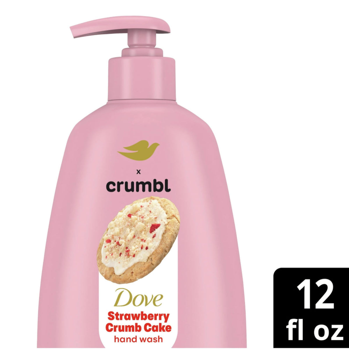 Dove Crumbl bottle pump highlights quick foaming lather and easy dispensing