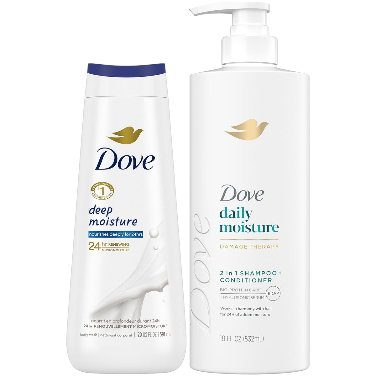Dove Daily Moisture 2-in-1 bottle for smooth hair and hydrated skin.