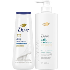 Dove Daily Moisture 2-in-1 bottle for smooth hair and hydrated skin.