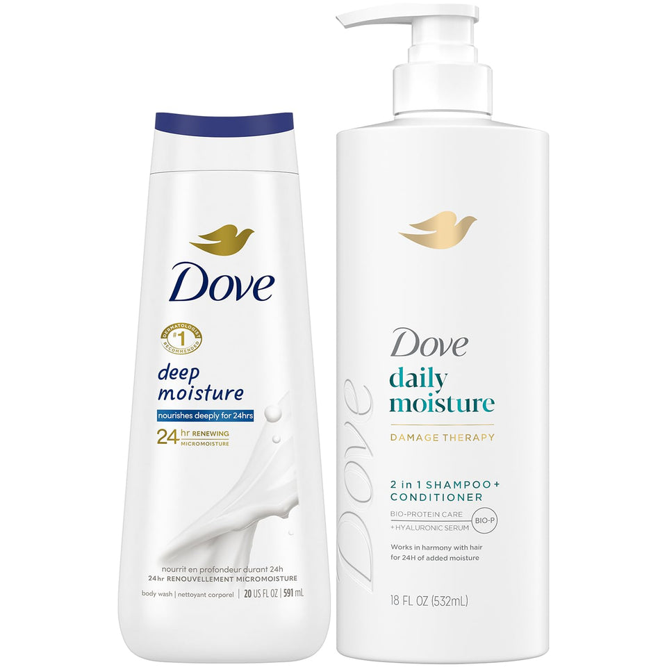 Dove Daily Moisture 2-in-1 bottle for smooth hair and hydrated skin.
