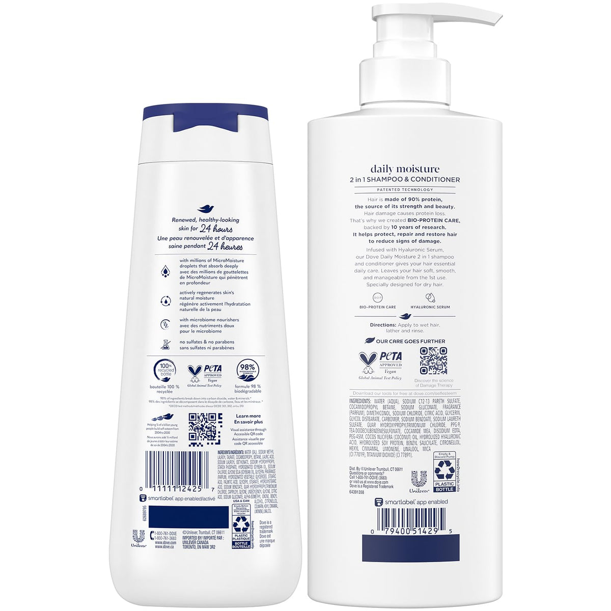 Dove Daily Moisture 2-in-1 bottle highlights conditioning for everyday softness.