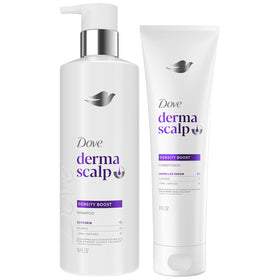 Dove Derma Scalp Thickening Shampoo bottle shows rich lather for fuller hair