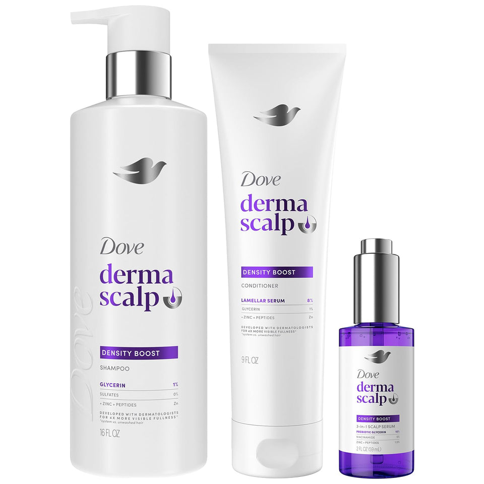 Dove Derma Scalp Thickening Shampoo bottle with density-boosting formula for fuller-looking hair