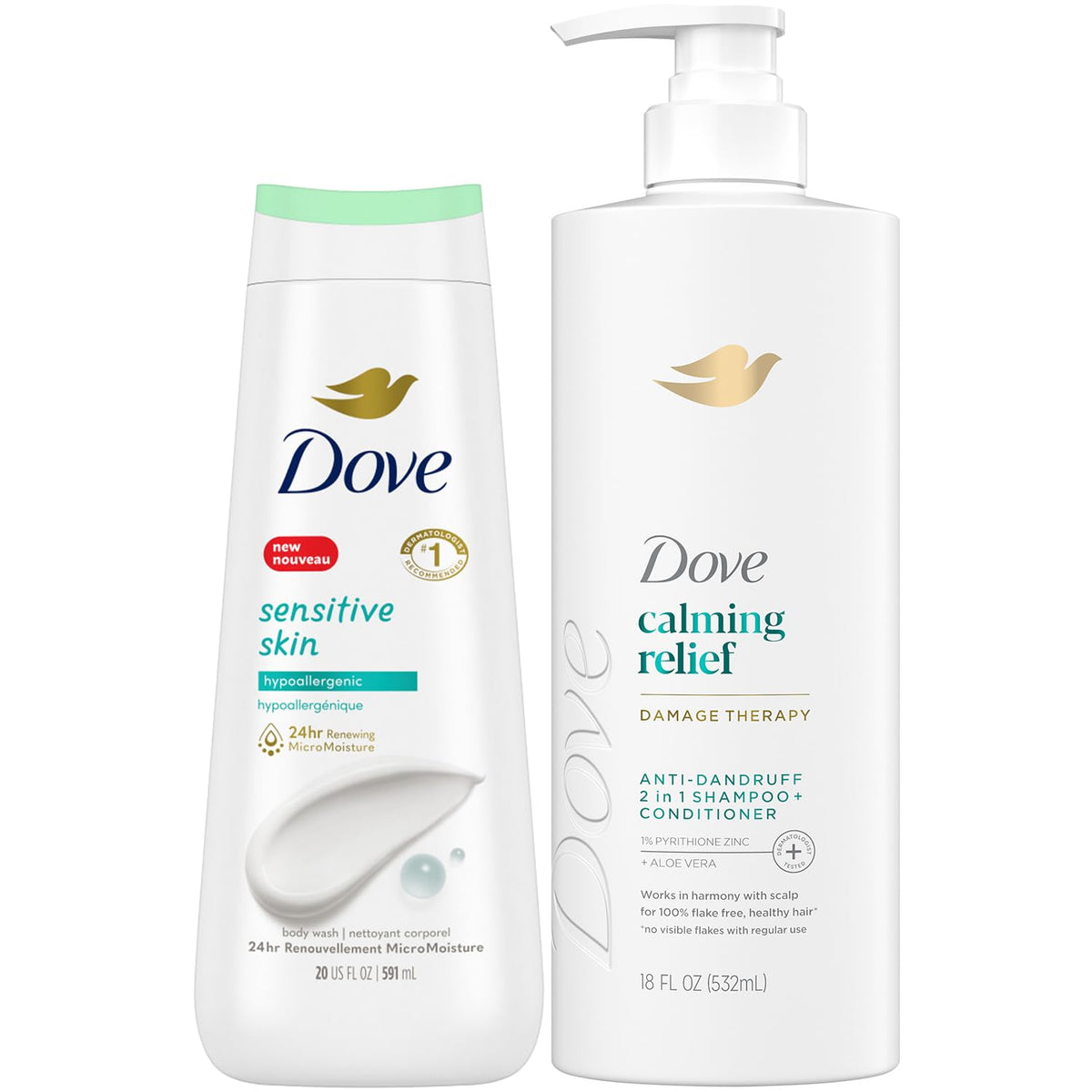 Dove DermaCare 2-in-1 shampoo bottle front showing soothing formula for itchy scalp relief