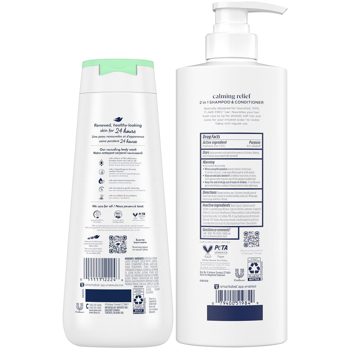 Dove DermaCare 2-in-1 shampoo and conditioner label highlighting balanced care
