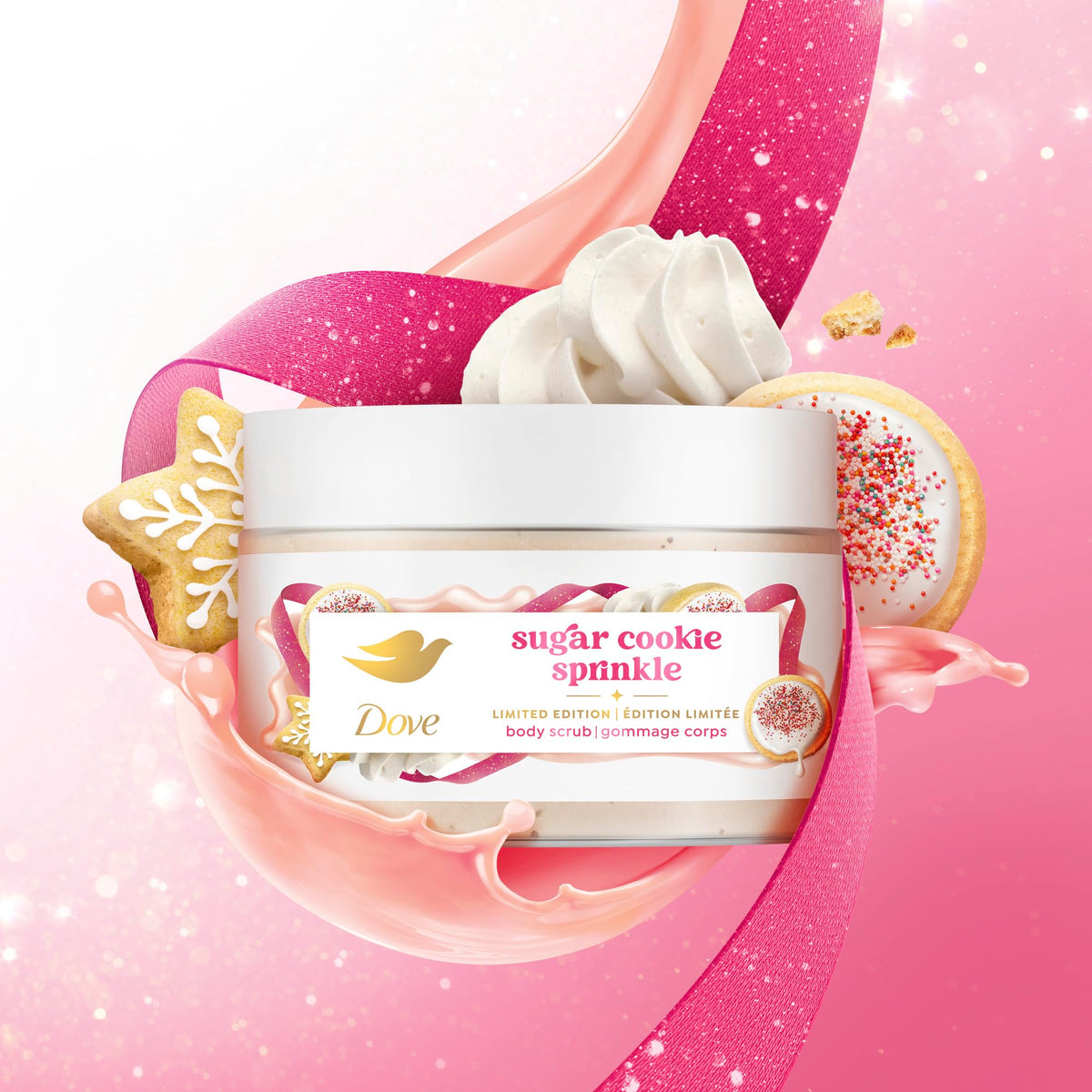 Dove festive vanilla-cookie aroma fills the shower with warm holiday vibes.