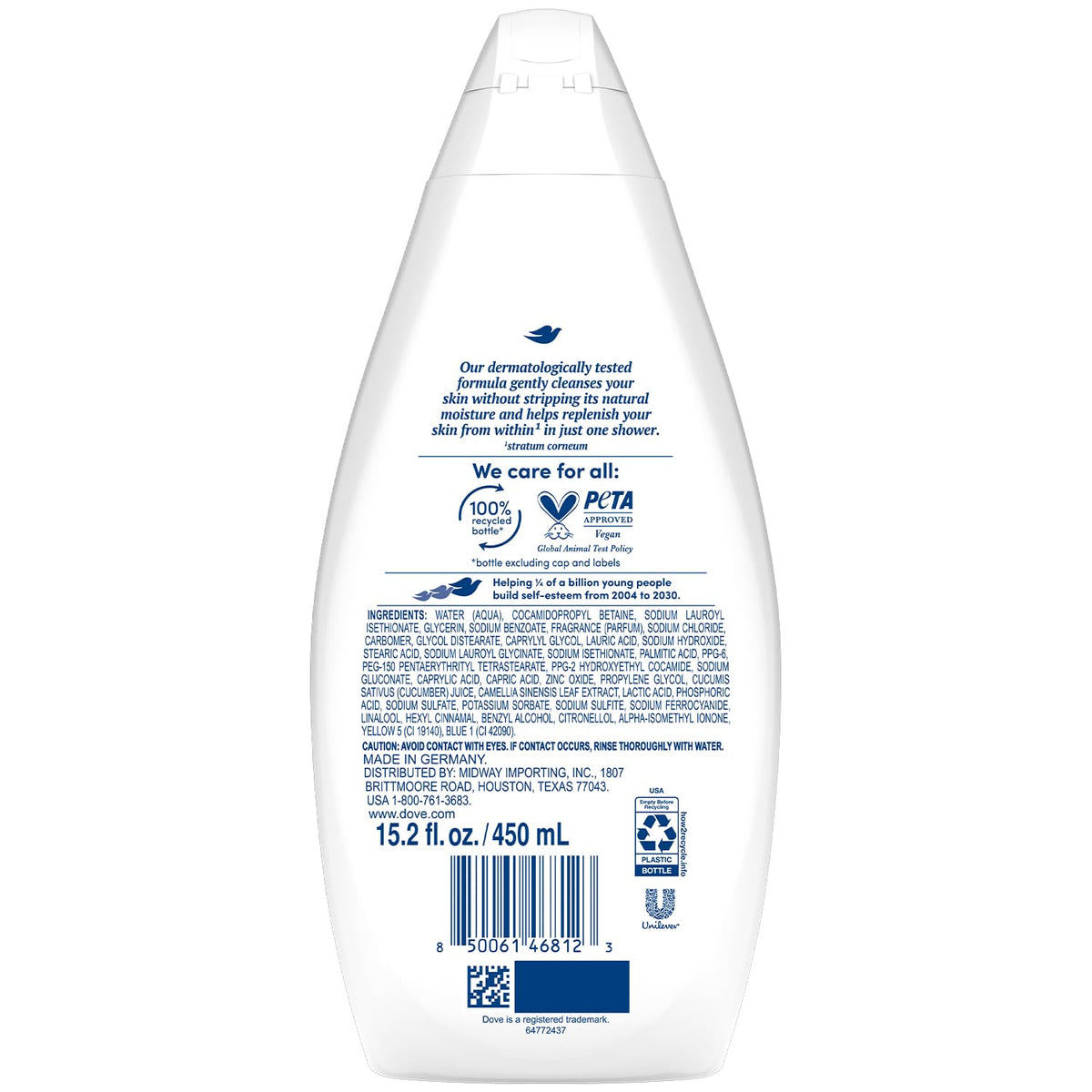 Dove Fresh Care bottle pouring a cooling, cucumber-green tea cleanse.