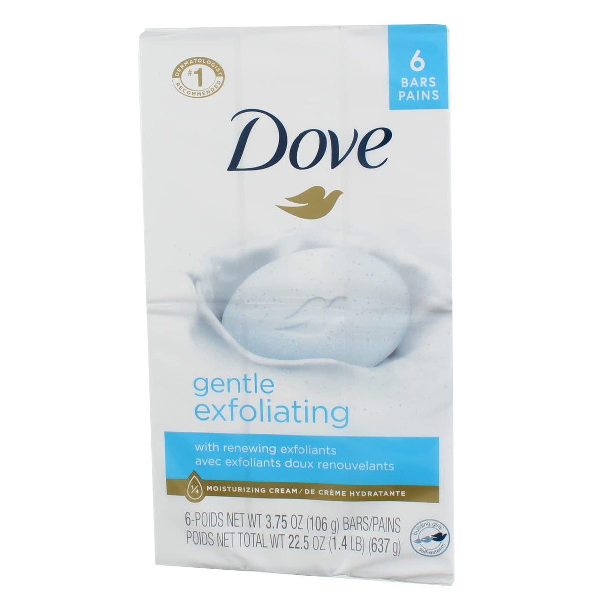 Dove Gentle Exfoliating Beauty Bar pack shot highlighting hydration and cleansing for daily use.