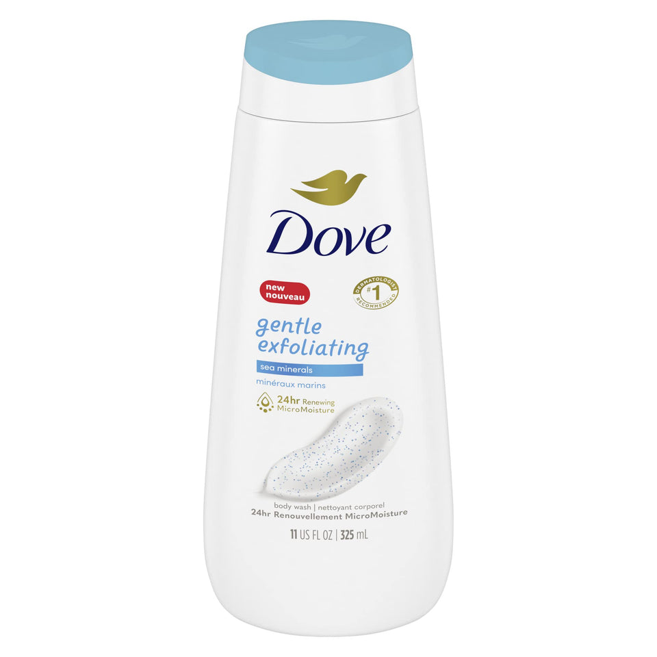 Dove Gentle Exfoliating Sea Minerals bottle pouring to start a gentle cleanse