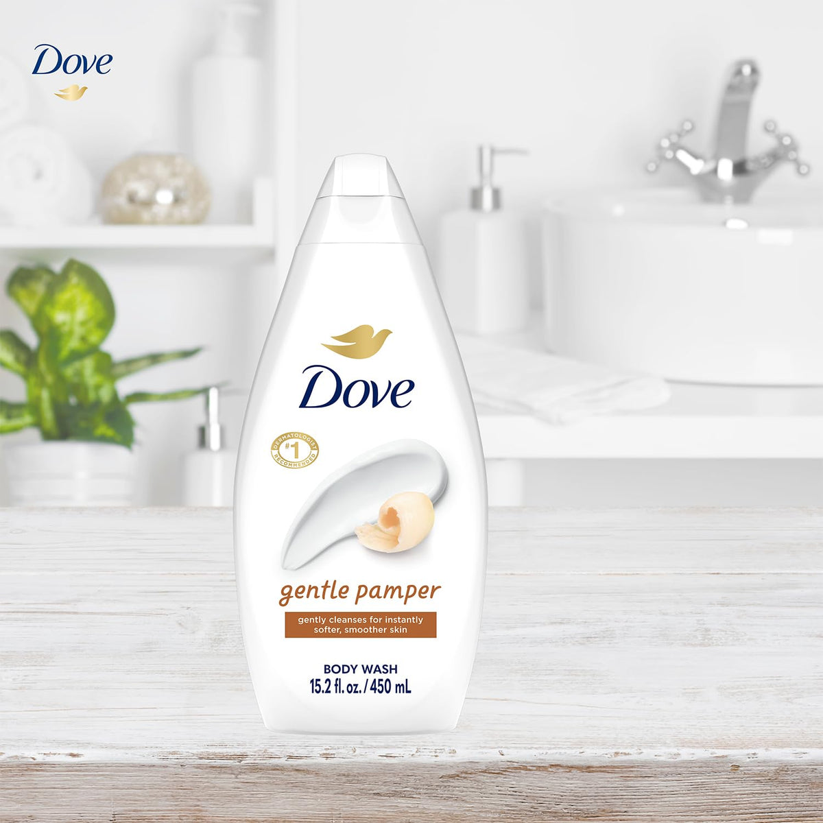 Three-pack display of Dove Gentle Pamper in the bathroom