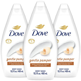 Dove Gentle Pamper body wash bottle pouring moisturizing cleanse with vanilla scent