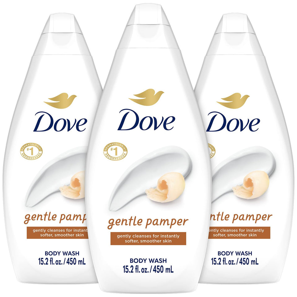 Dove Gentle Pamper body wash bottle pouring moisturizing cleanse with vanilla scent