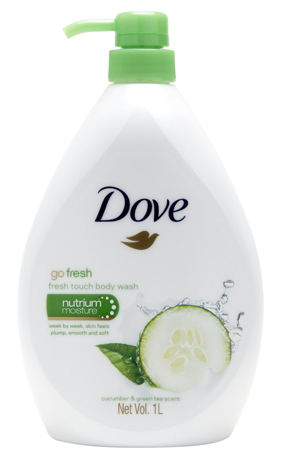 Dove Go Fresh Body Wash bottle front view, promising a refreshing cleanse.