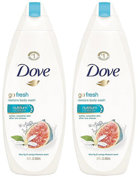 Dove Go Fresh Restore bottle pour shows the refreshing blue fig and orange blossom scent.