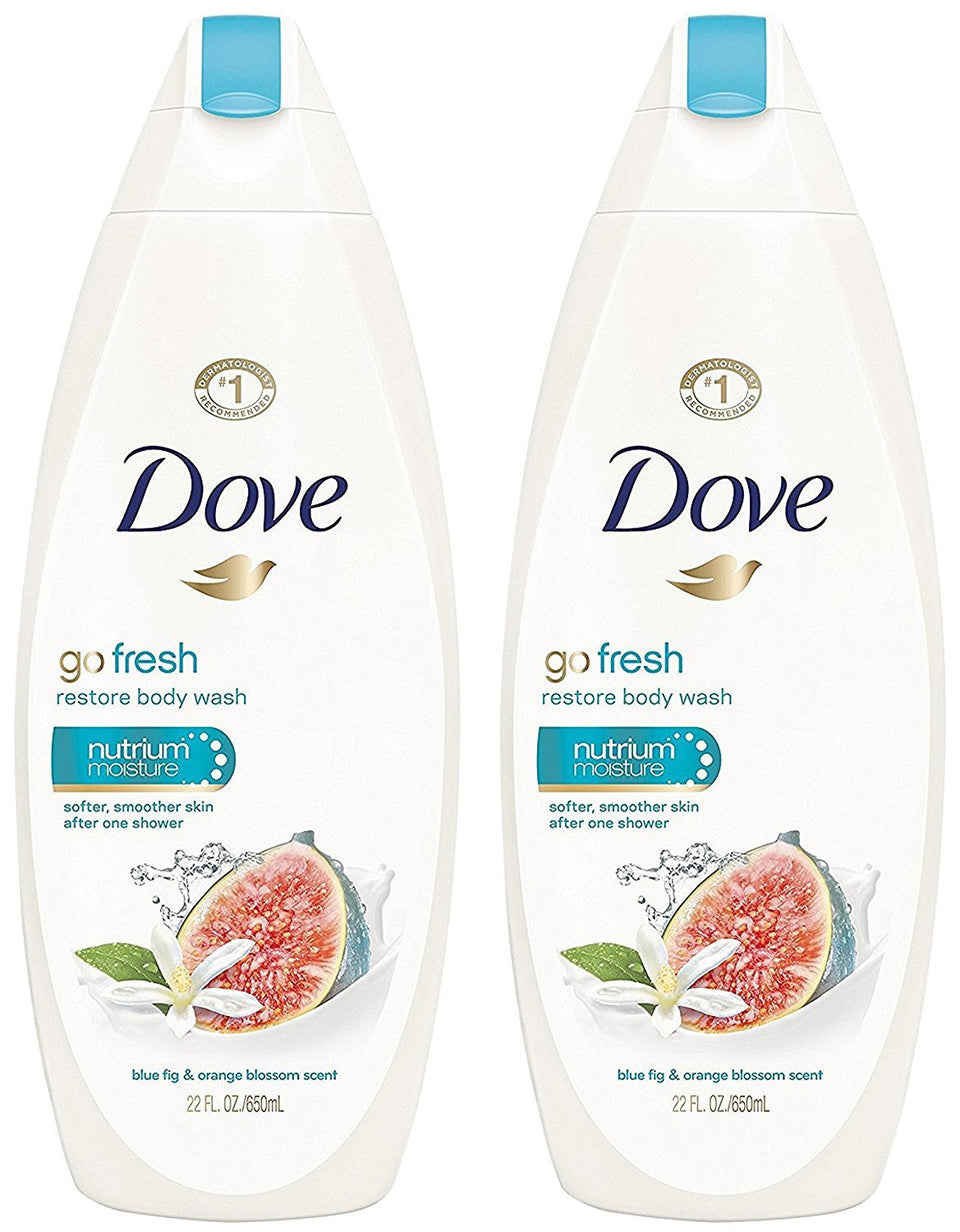 Dove Go Fresh Restore bottle pour shows the refreshing blue fig and orange blossom scent.