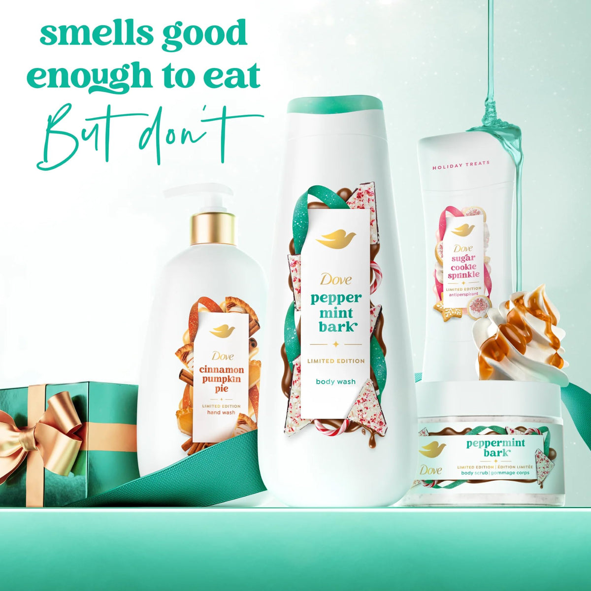 Dove limited-edition hand wash on festive counter.