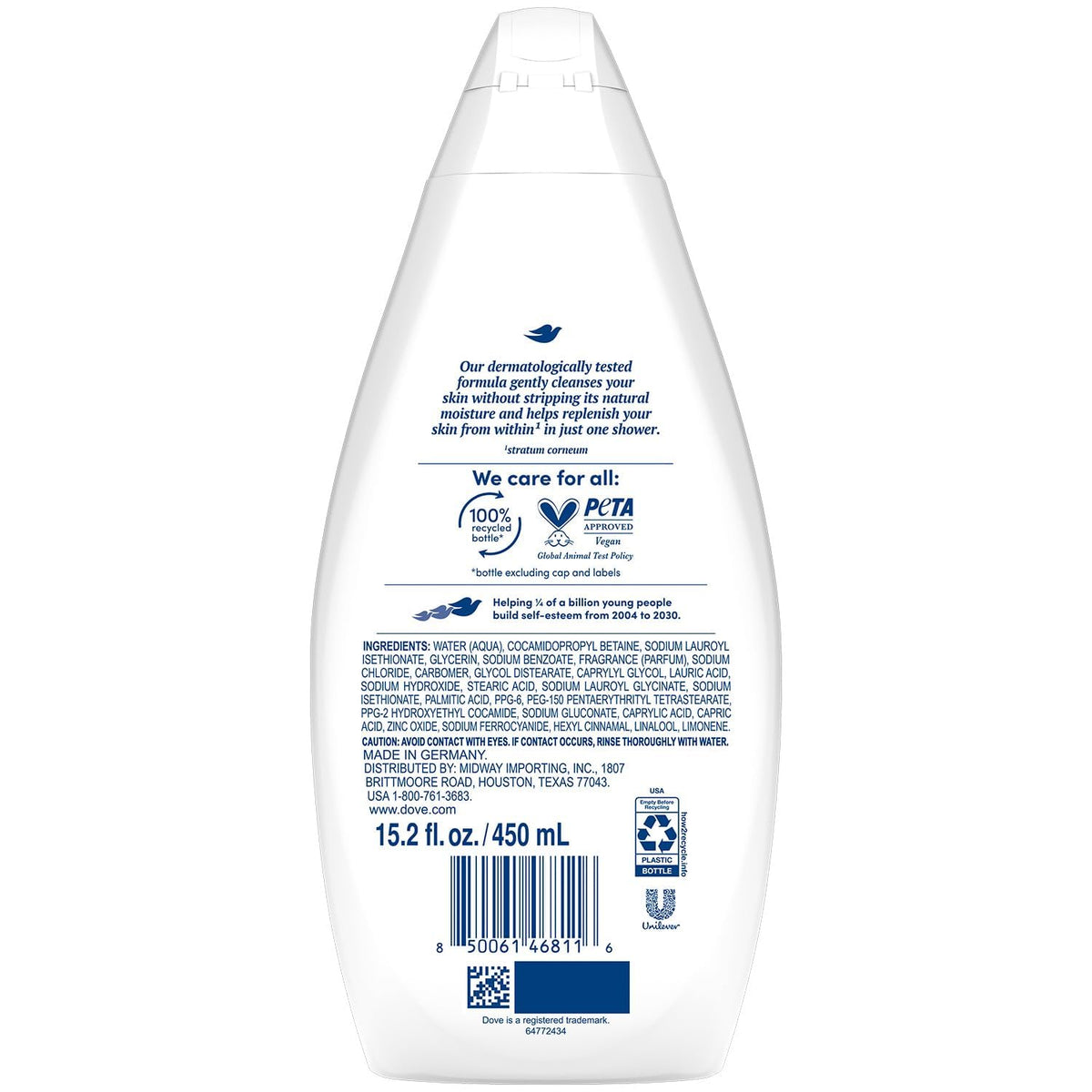 Dove Hydrate Body Wash 2-Pack squeeze bottle ready for daily use.