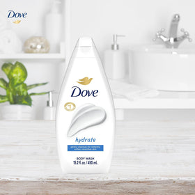 Dove Hydrate in shower scene for refreshed skin after washing.