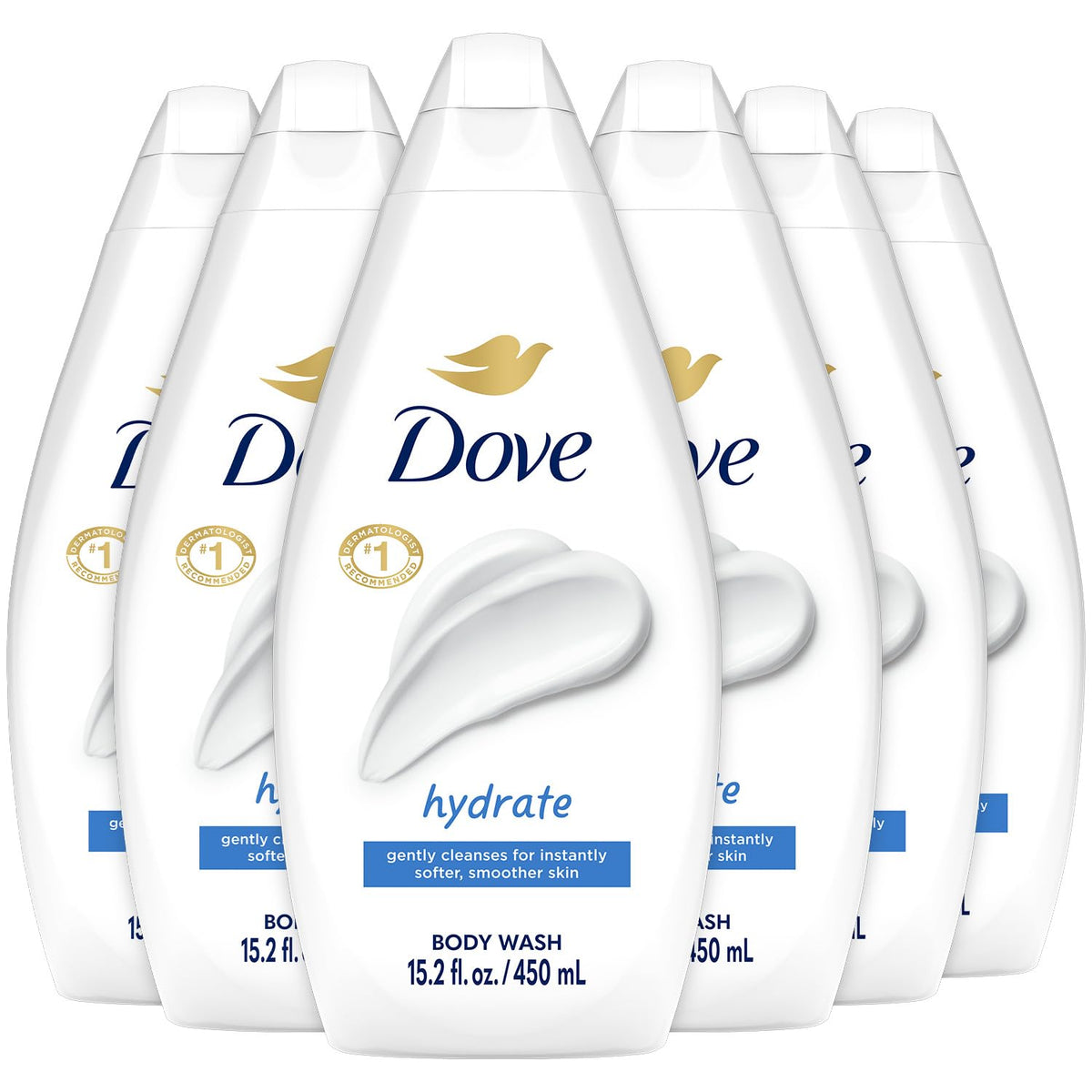 Dove Hydrate Body Wash six-pack bottle front view showing packaging and moisturized skin potential.