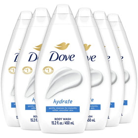 Dove Hydrate Body Wash six-pack bottle front view showing packaging and moisturized skin potential.