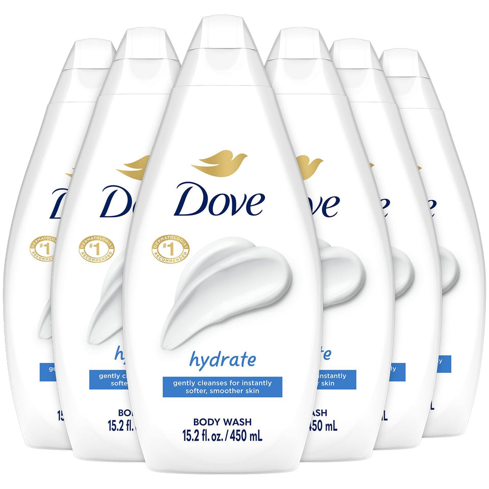 Dove Hydrate Body Wash six-pack bottle front view showing packaging and moisturized skin potential.