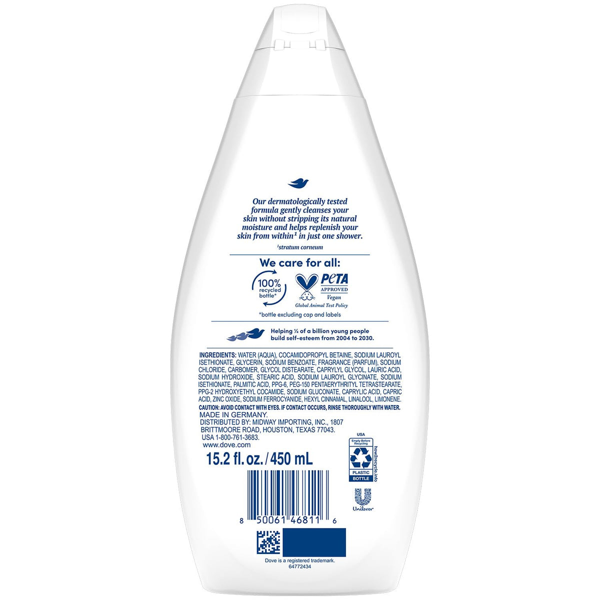 Dove Hydrate Body Wash bottle pour highlighting creamy lather and hydration potential.