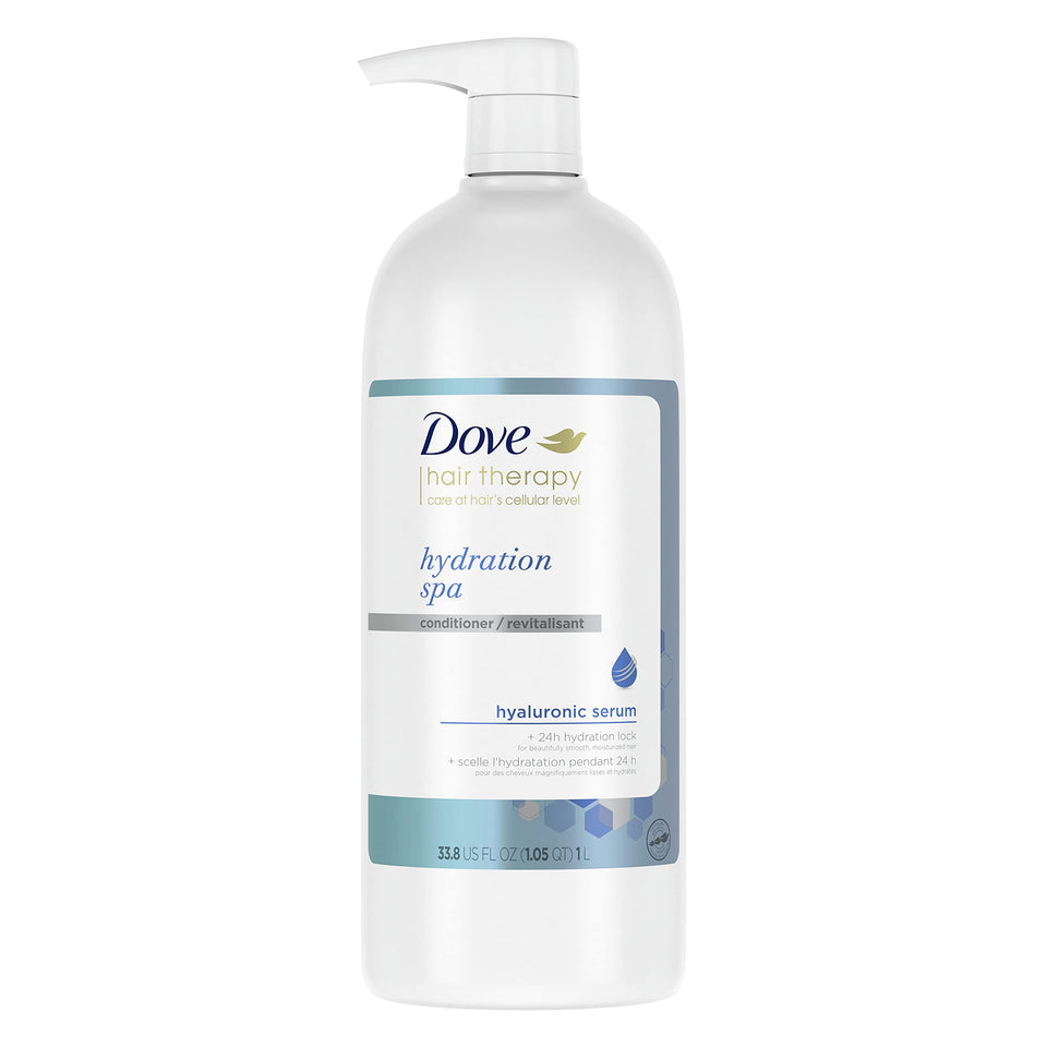 Dove Hydration Spa Conditioner bottle pouring to moisturize dry hair.