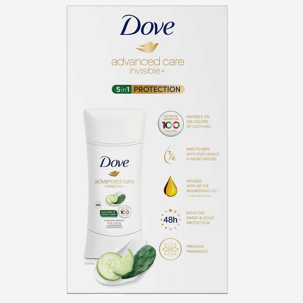 Dove Invisible+ product showing no white marks on 100 colors for color-safe wear