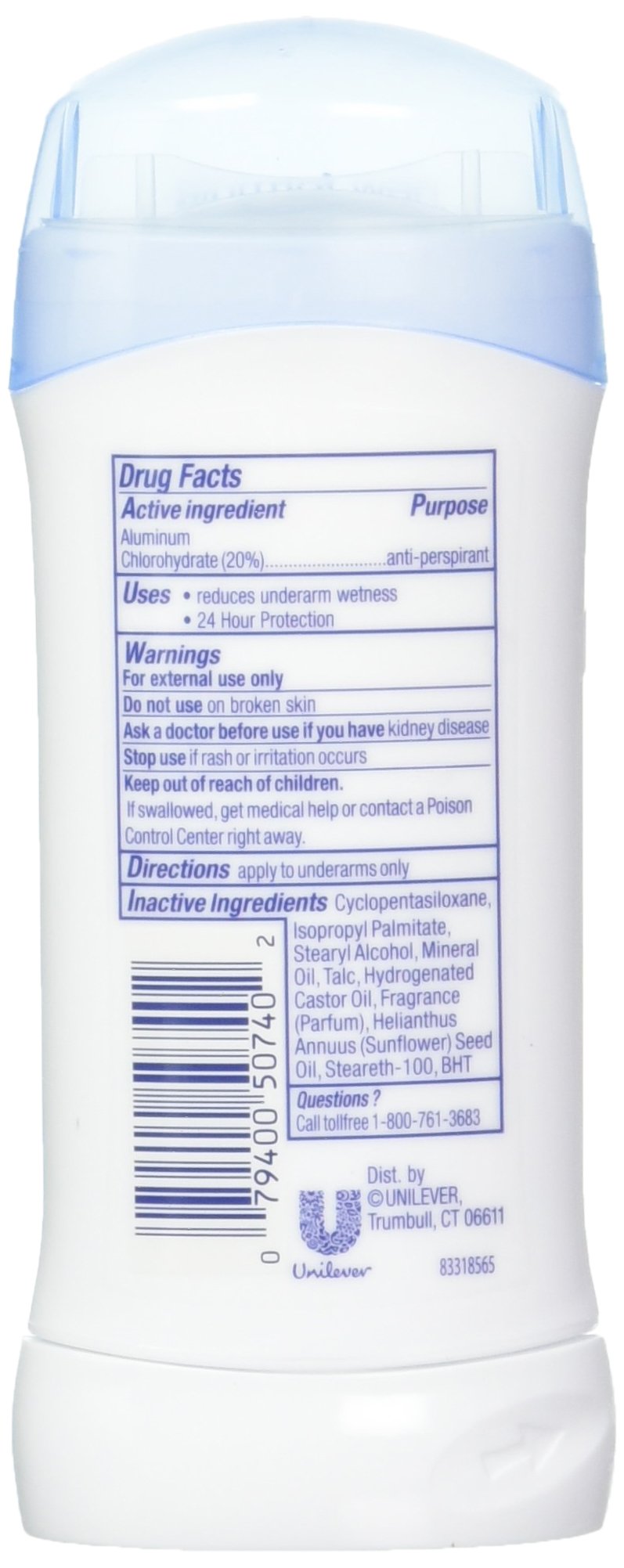 Dove Invisible Solid Sensitive Skin deodorant packaging back view shows 6-pack value