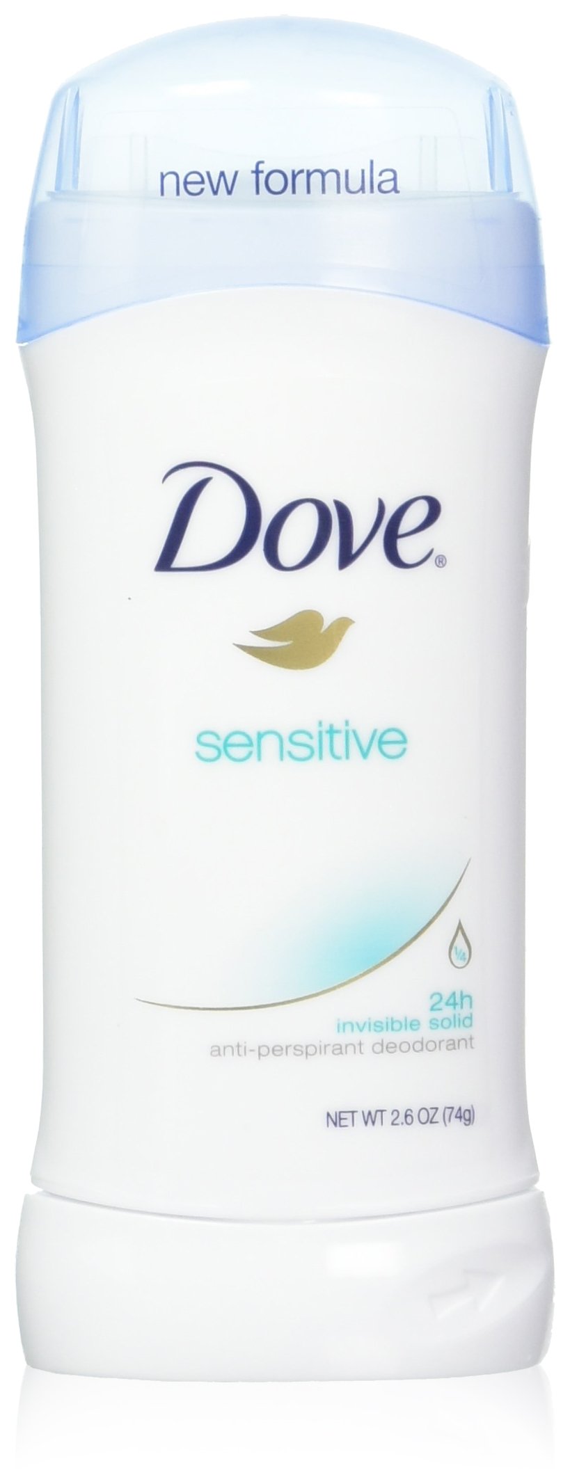 Dove Invisible Solid Sensitive Skin deodorant bottle front view showing discreet protection