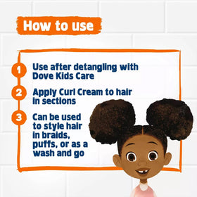 Dove Kids Shea butter coconut oil ingredients graphic highlights natural care.