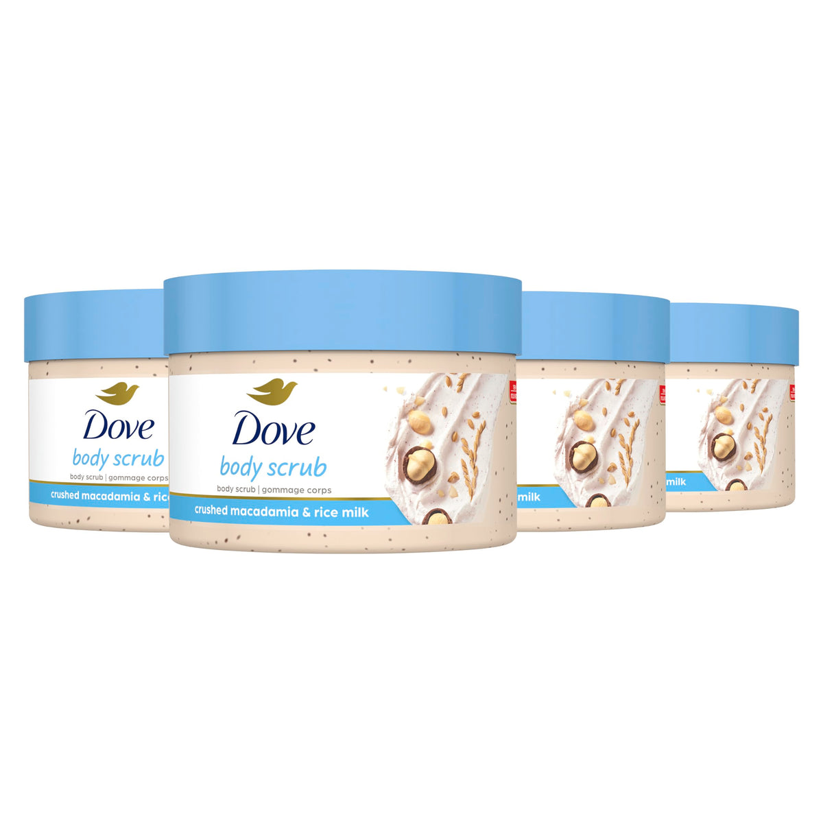 Dove Macadamia and Rice Milk Exfoliating Body Polish jar with creamy texture for smooth skin.