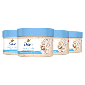 Dove Macadamia and Rice Milk Exfoliating Body Polish jar with creamy texture for smooth skin.