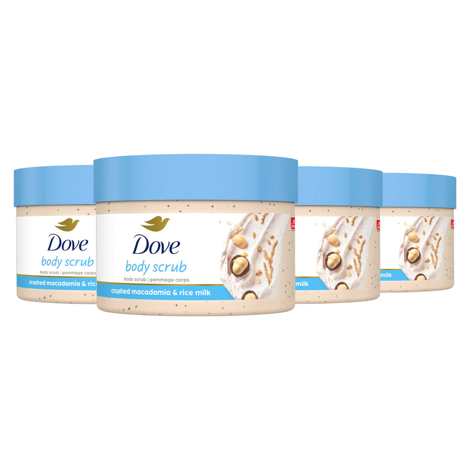 Dove Macadamia and Rice Milk Exfoliating Body Polish jar with creamy texture for smooth skin.