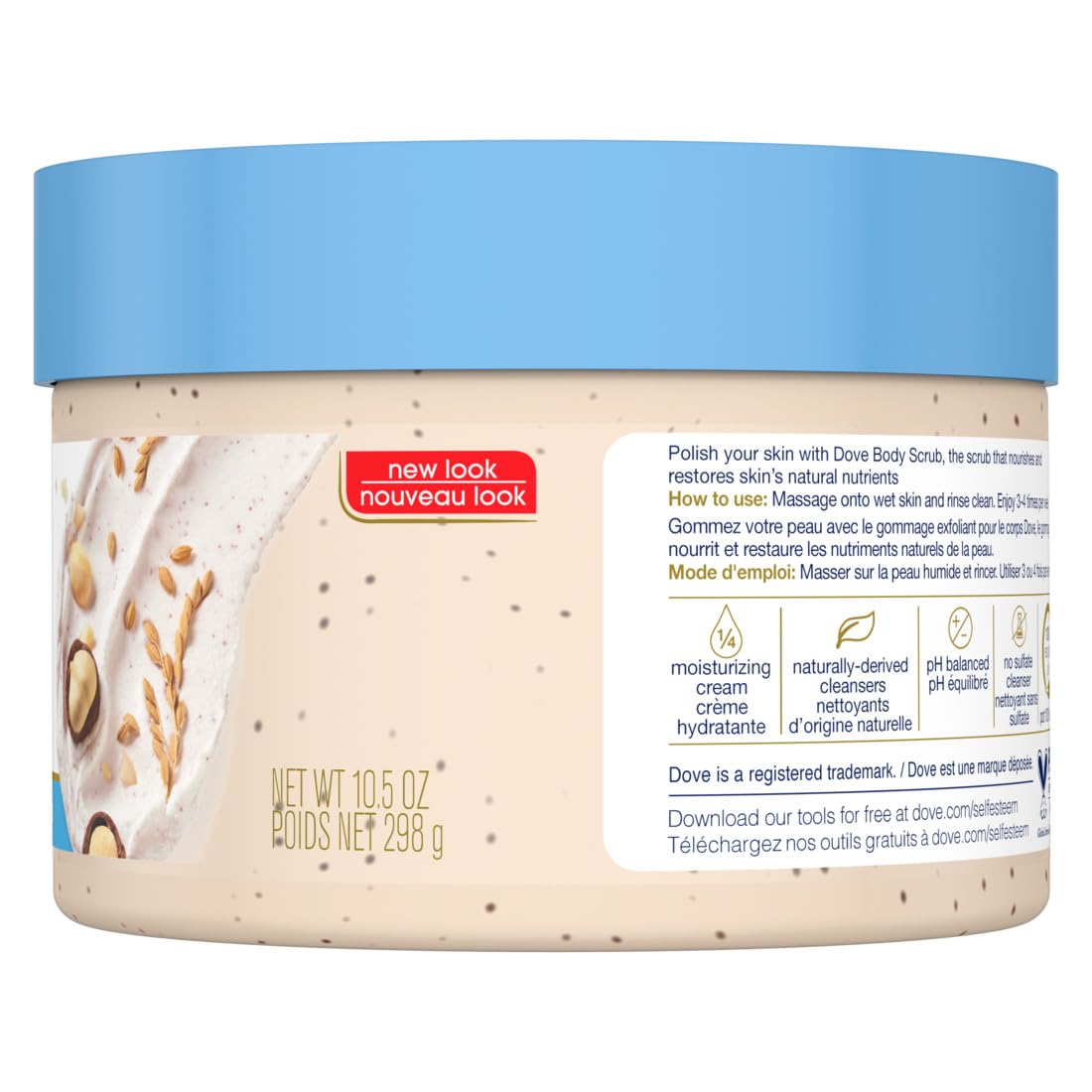 Close-up of Dove exfoliating particles for gentle buffing of dry skin.