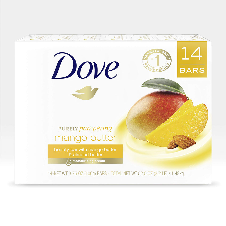 Dove Mango Butter Beauty Bar 14-bars pack shot suggesting deep hydration for daily use.