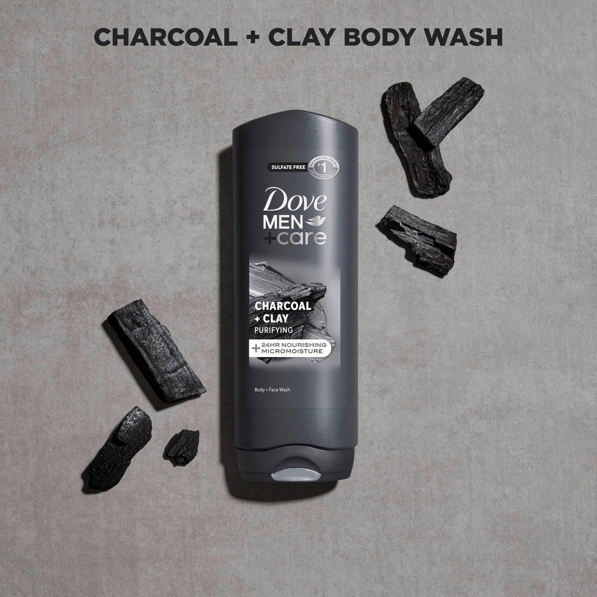 Dove Men+Care Charcoal Clay texture shows foamy lather and hydration.