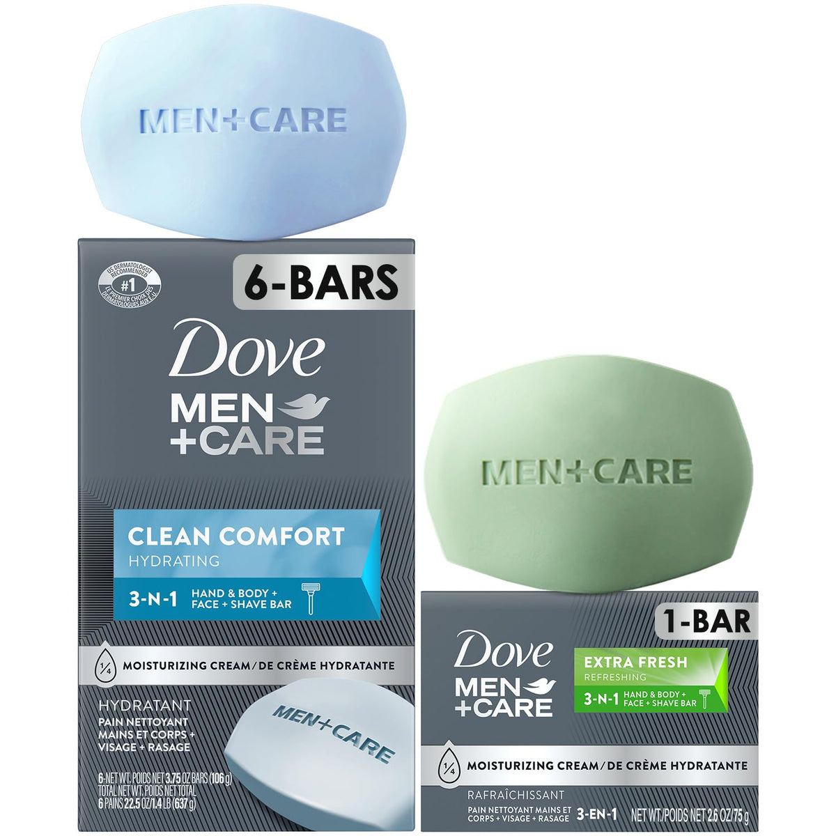 Dove Men+Care Clean Comfort bar pack shows four bars for daily, hydrating cleanses.