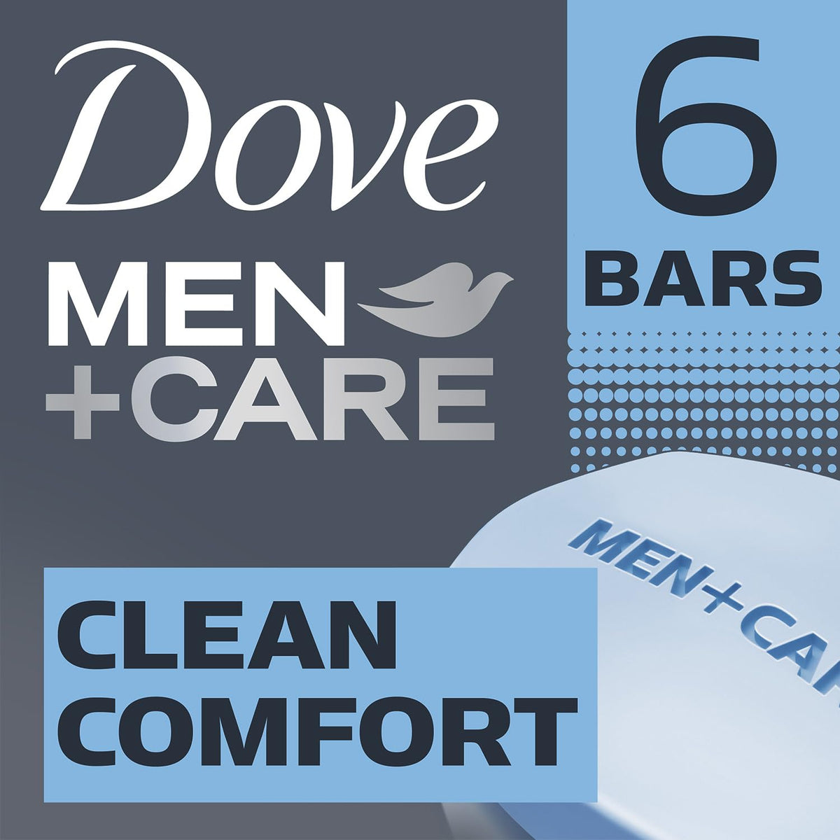 Dove Men+Care Clean Comfort bar texture detail shows smooth soap surface.
