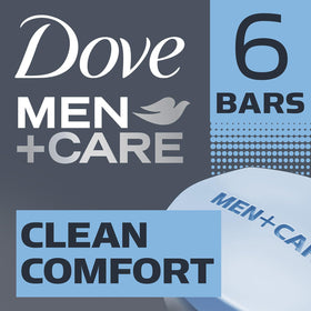 Dove Men+Care Clean Comfort bar texture detail shows smooth soap surface.