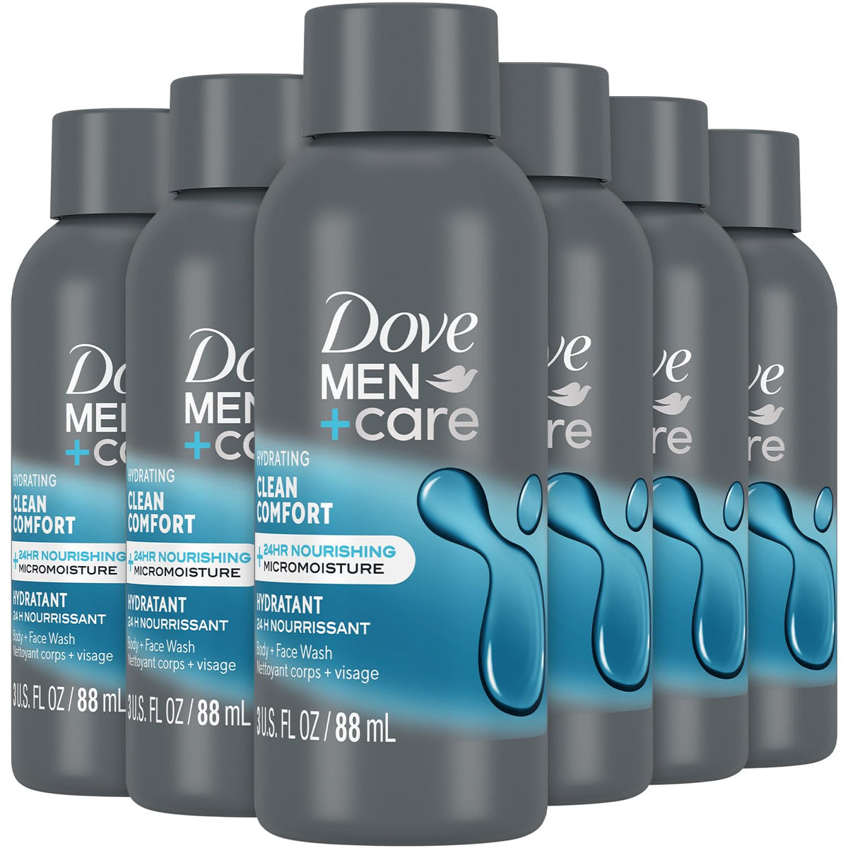 Dove Men+Care Clean Comfort bottle front showing hydrating formula for daily freshness