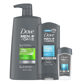 Dove Men+Care Clean Comfort face and body wash bottle delivers hydrated skin.