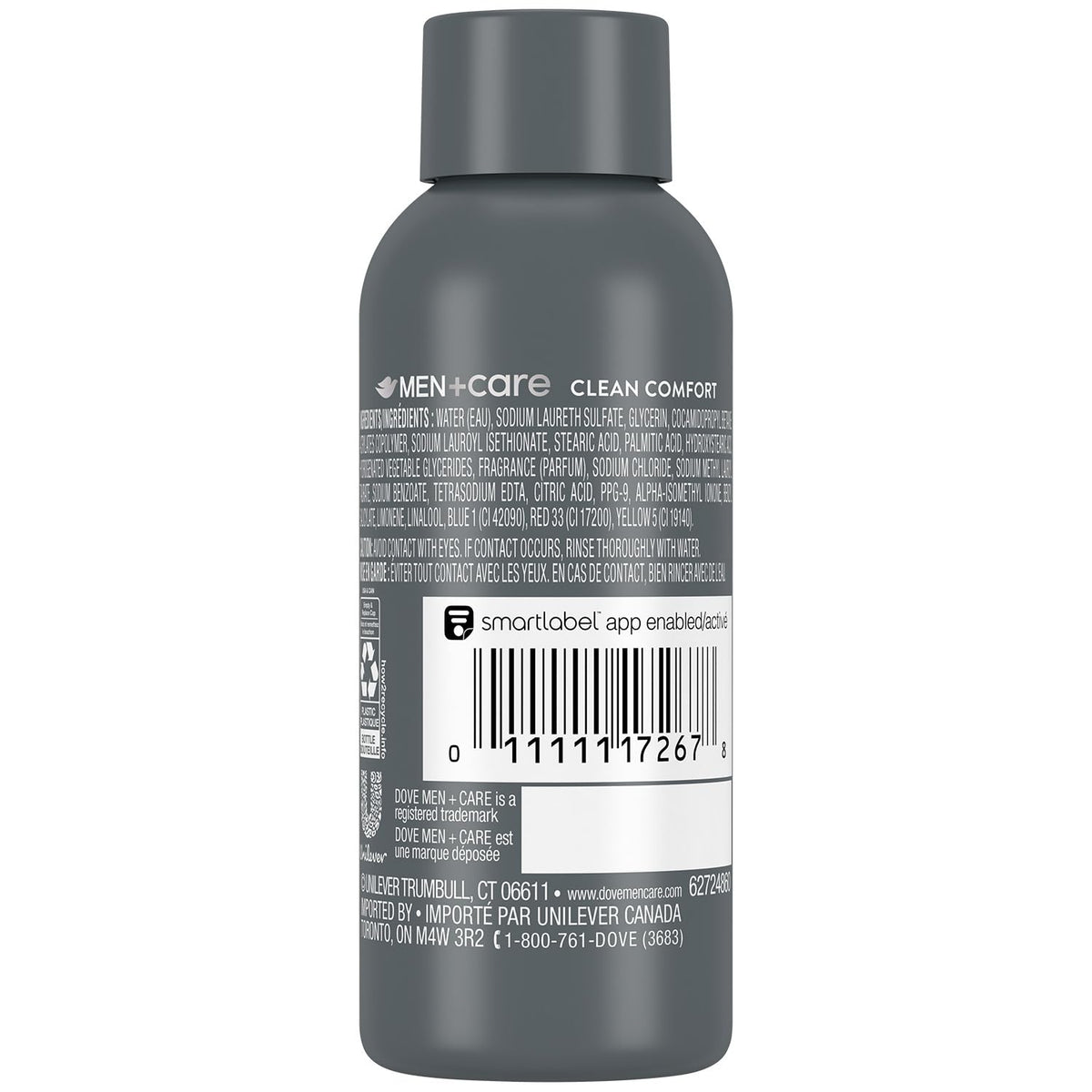 Closeup of Dove Men+Care Clean Comfort label highlighting 24-hour moisture