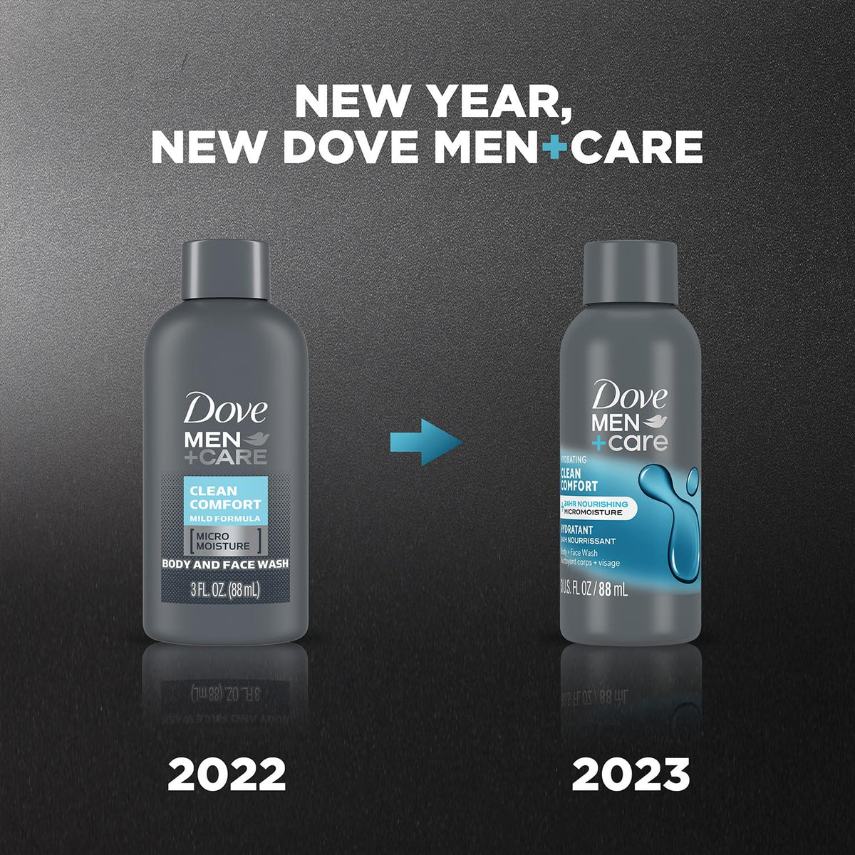 Six-pack of Dove Men+Care Clean Comfort packaging for travel and home use