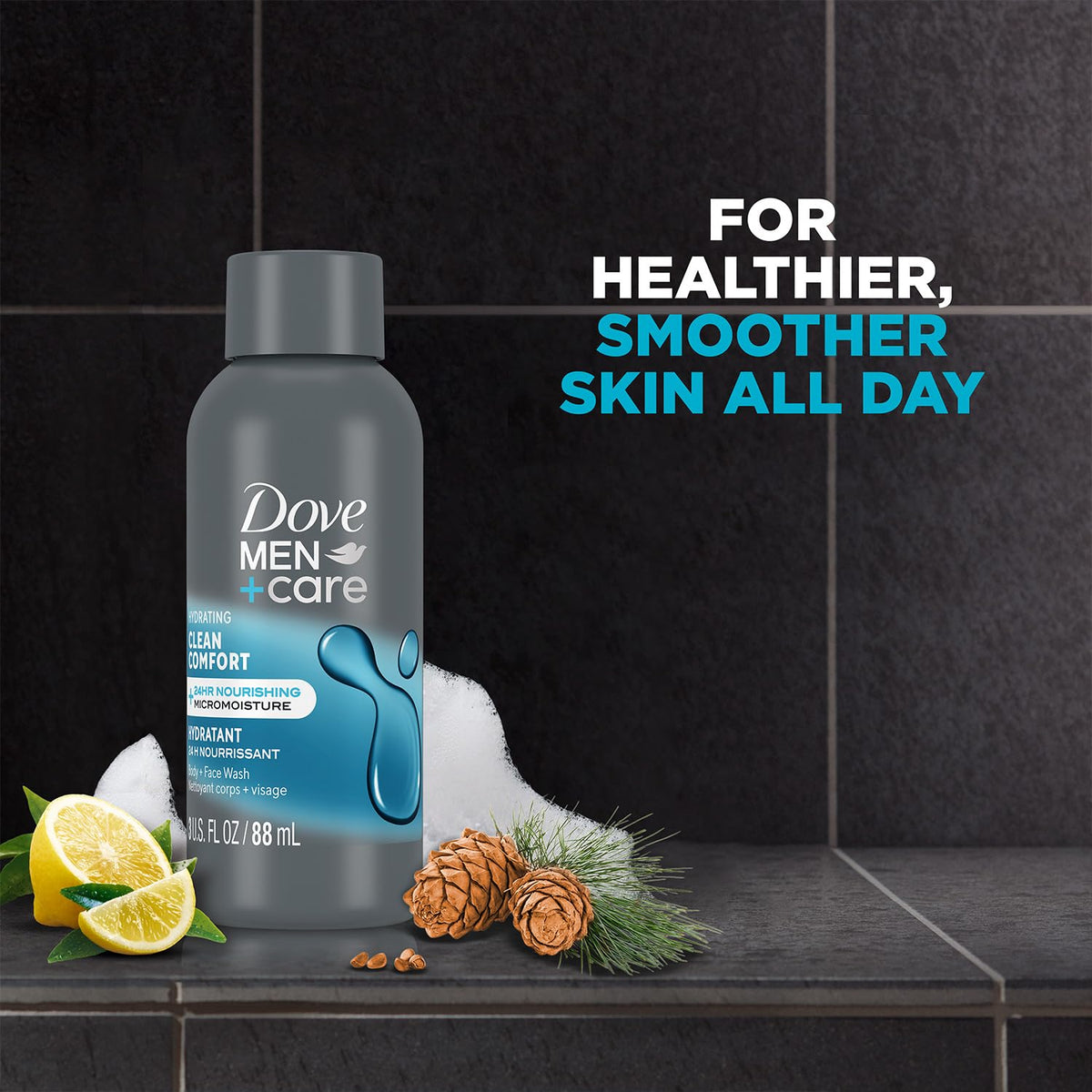 Shower scene with Dove Men+Care Clean Comfort scent and refreshing feel