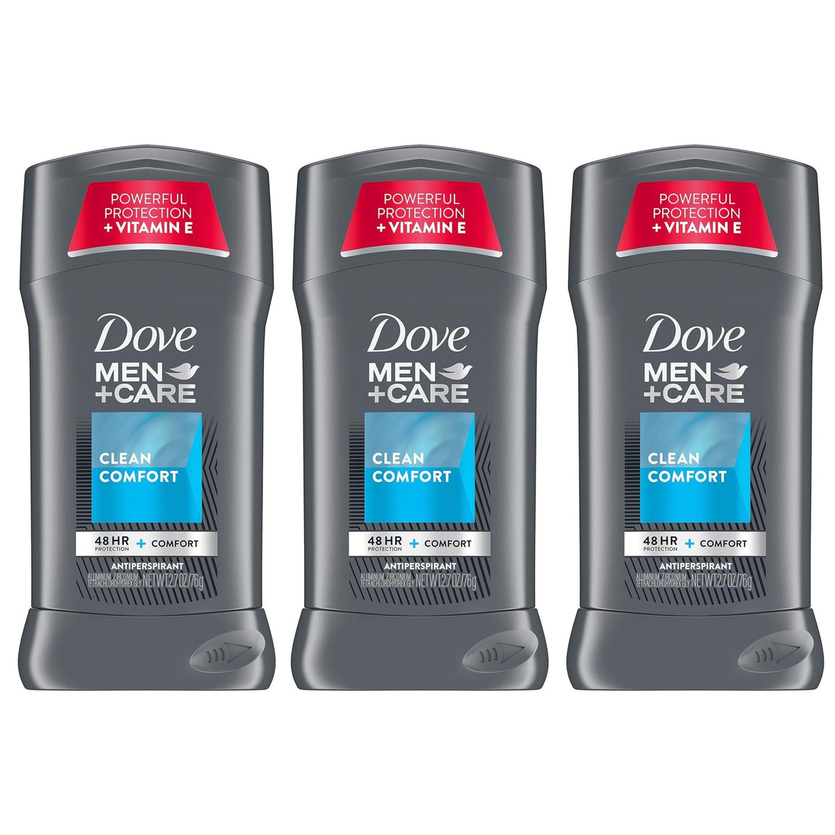 Dove Men+Care Clean Comfort stick in outer pack with 3-pack value for daily protection.