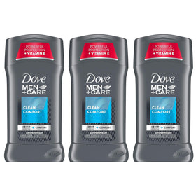 Dove Men+Care Clean Comfort stick in outer pack with 3-pack value for daily protection.