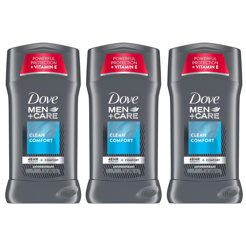 Dove Men+Care Clean Comfort stick in outer pack with 3-pack value for daily protection.